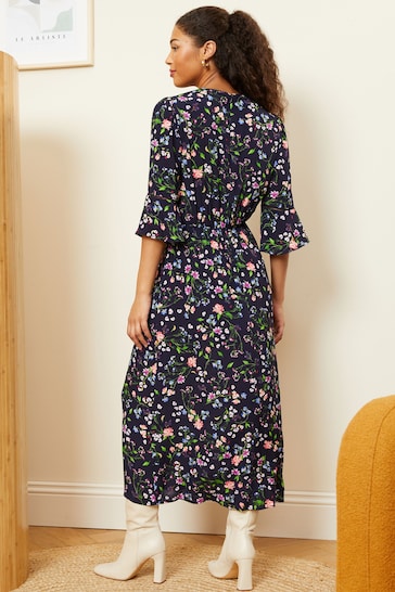 Love & Roses Navy Floral Printed Flute Sleeves High Neck Lace Trim Midi Dress