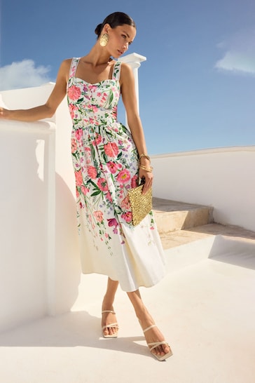 V&A | Love & Roses Ivory White Floral Linen Blend Printed Cami Midi Dress