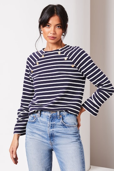 Lipsy Navy/White Round Neck Long Sleeve Button Top