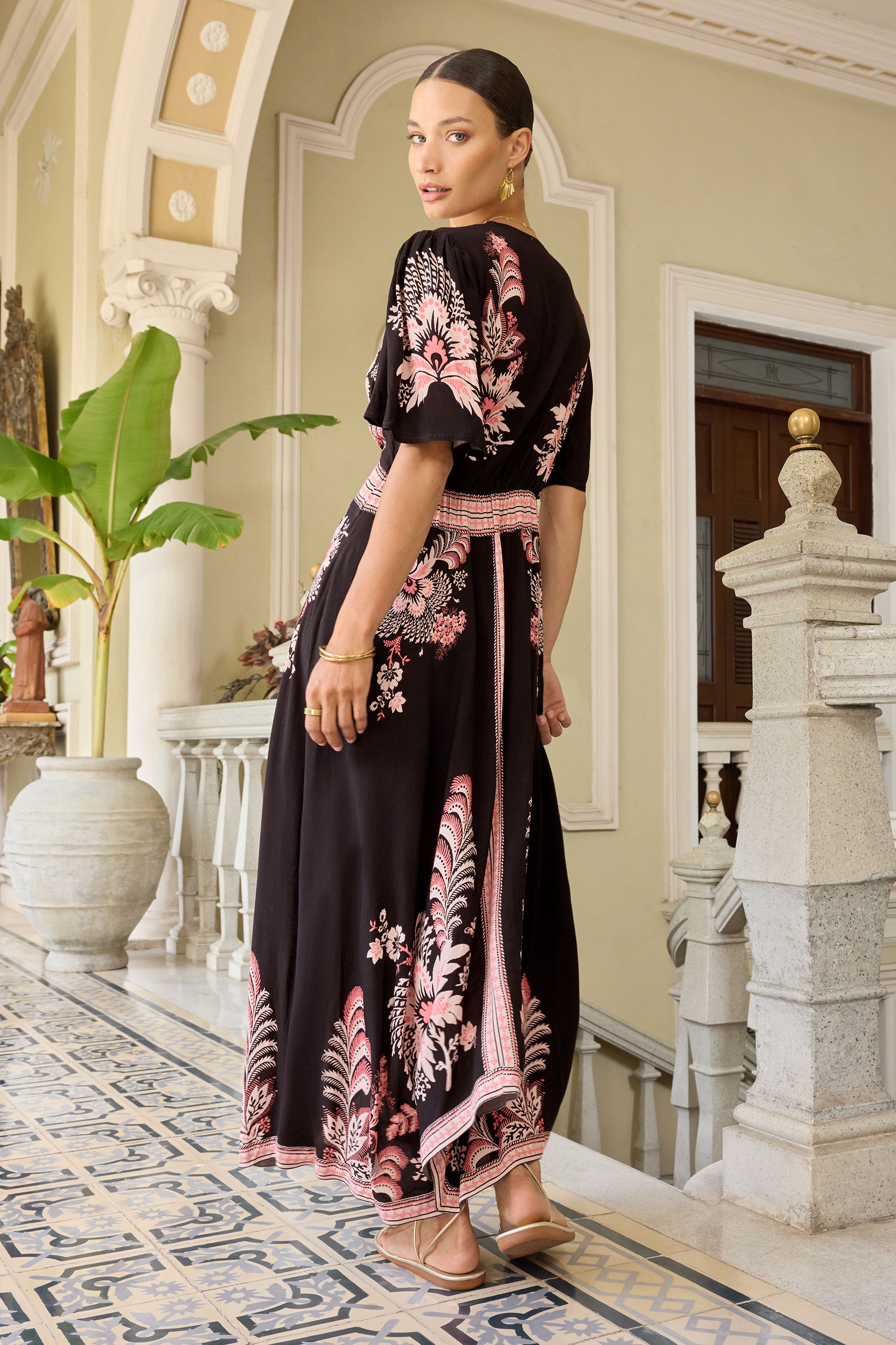 V A Love Roses Pink and Black Printed V Neck Hanky Hem Midi Dress