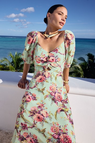 V&A | Love & Roses Green Floral Linen Blend Printed Twist Front Puff Sleeve Midi Dress