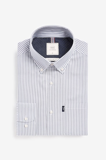 White/Blue Stripe Regular Fit Stripe Iron Button Down Oxford Shirt