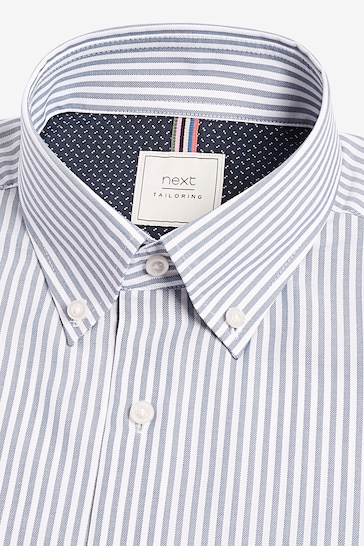 White/Blue Stripe Regular Fit Stripe Iron Button Down Oxford Shirt