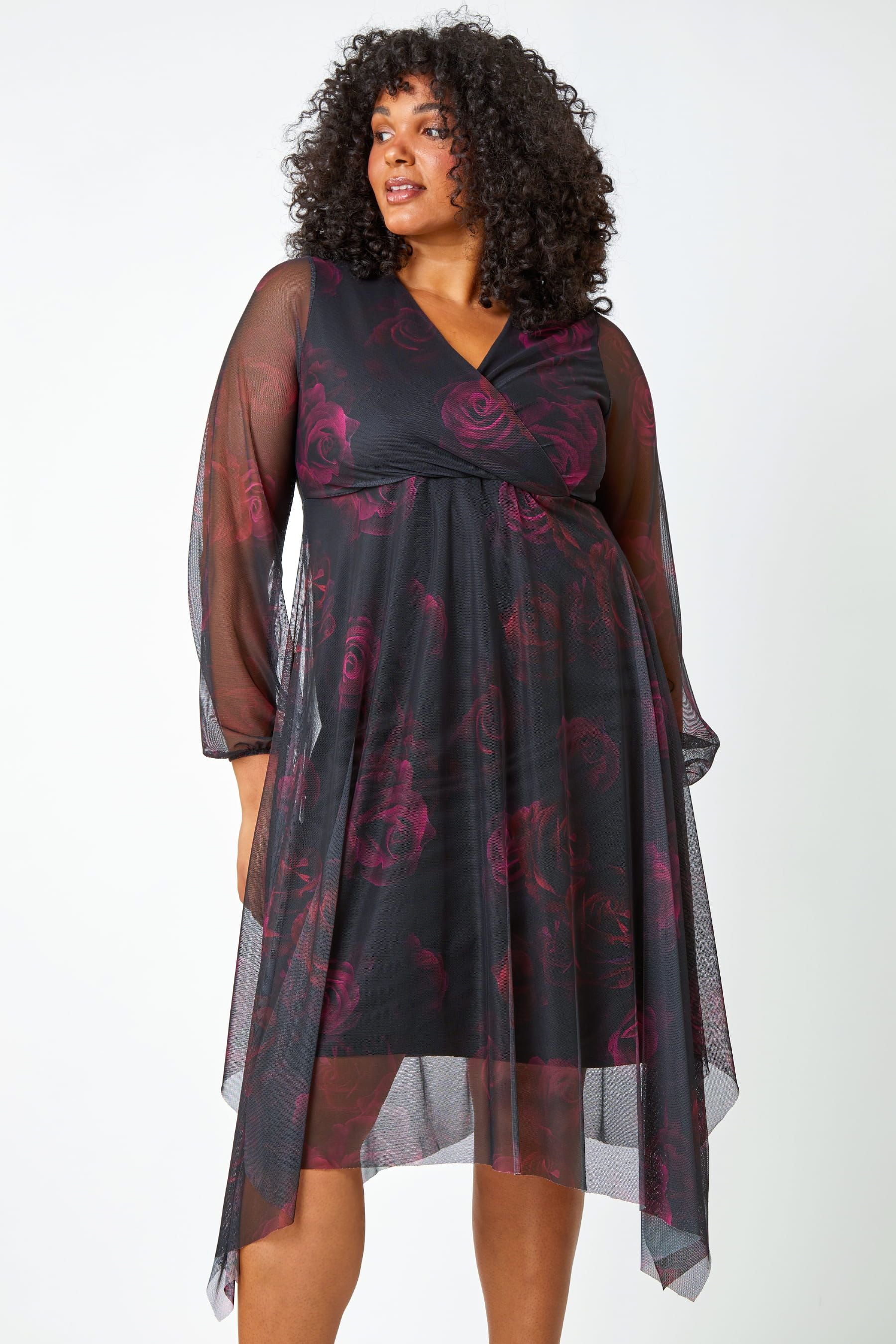 Roman Black Curve Floral Mesh Overlay Wrap Dress
