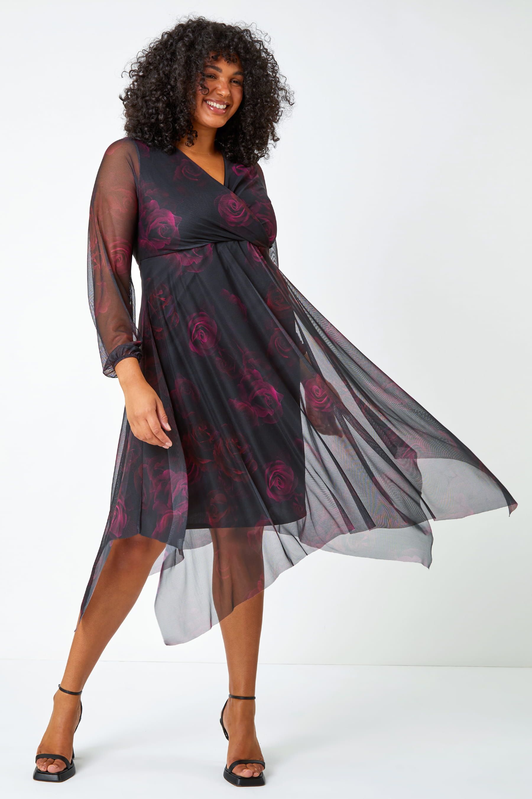 Black floral overlay dress sales