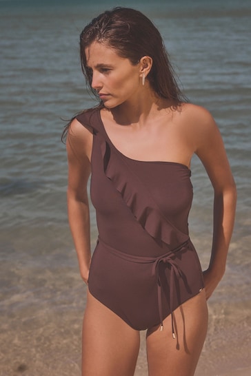 Brown Frill One Shoulder Belted Tummy Shaping Control Swimsuit