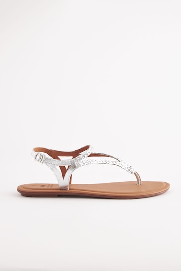 Silver Extra Wide Fit Forever Comfort® Leather Plait Toe Post Flat Sandals