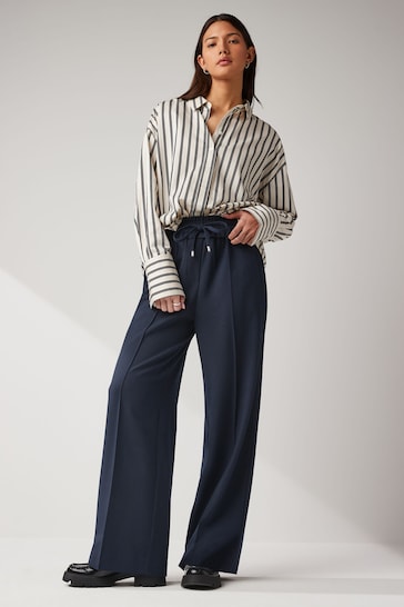 Navy Textured Elasticated Wide Leg Trousers