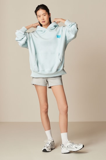 Aqua Blue Oversized Relaxed Fit New York Back Graphic Slogan Longline Hoodie