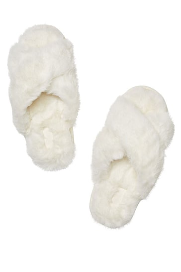 Victoria's Secret PINK Creamer White Faux Fur Crossover Slippers