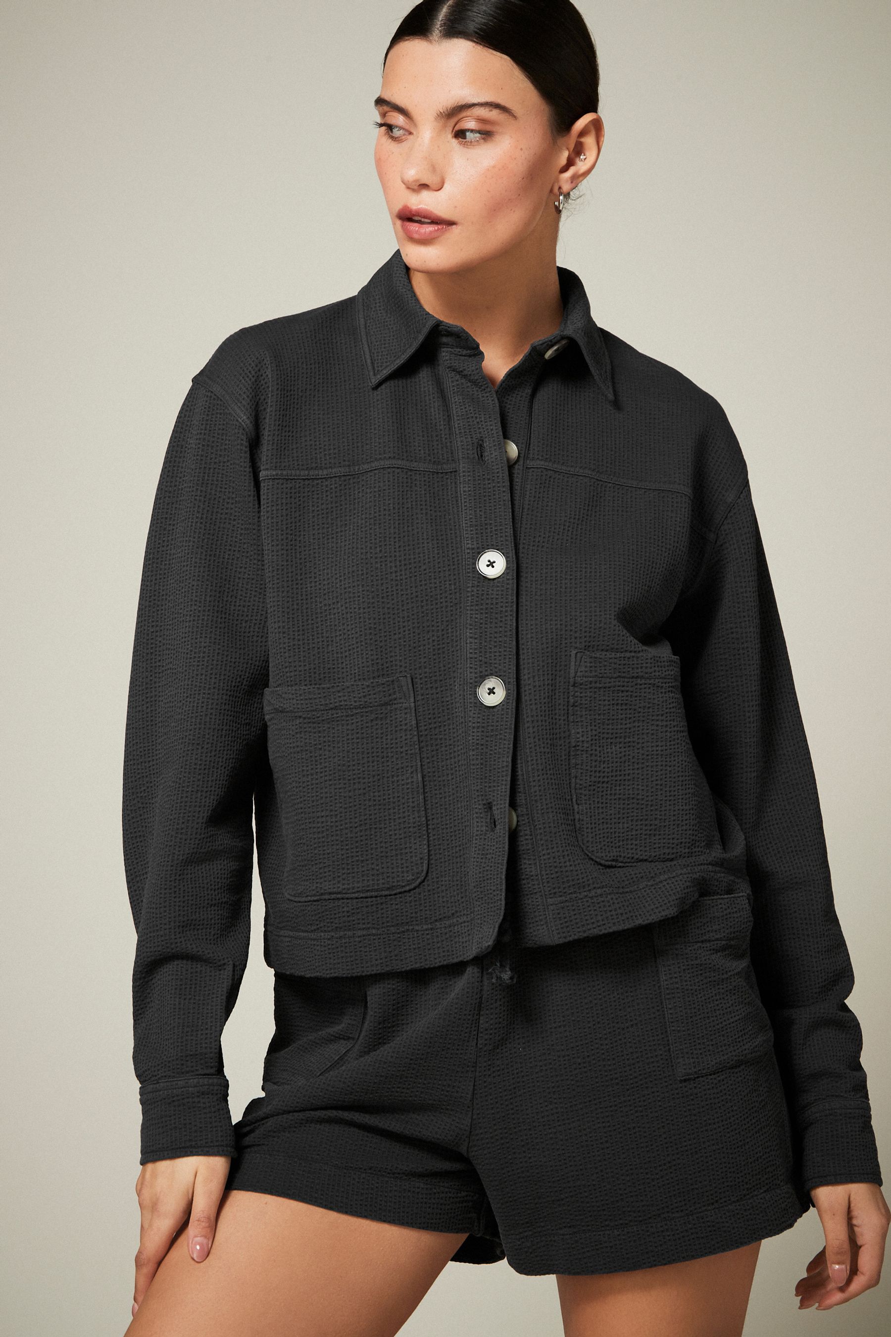 Black Textured Lightweight Button Up Jacket