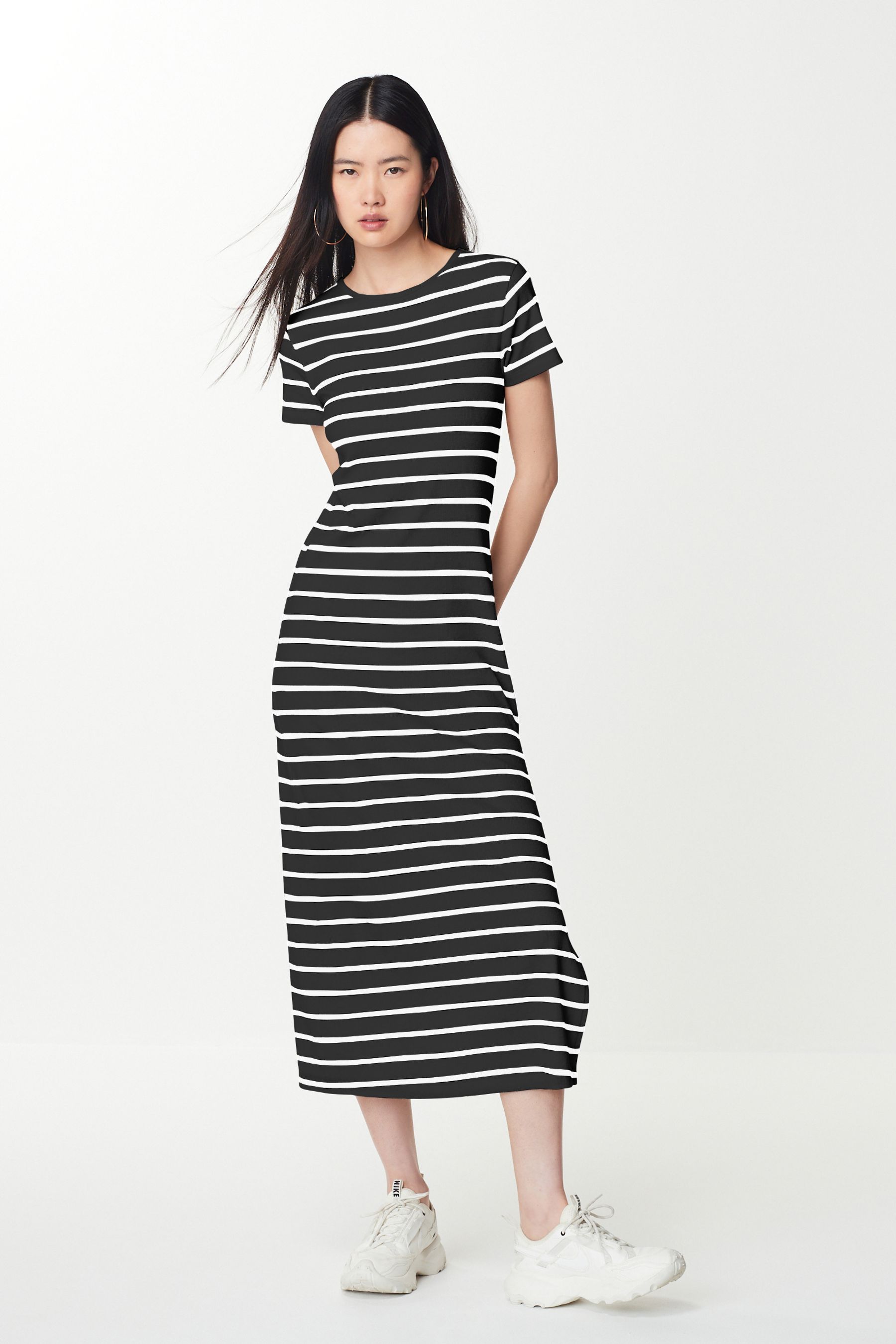 Buy Black White Ribbed T Shirt Style Column Maxi Dress With Slit Detail from the Next UK online shop