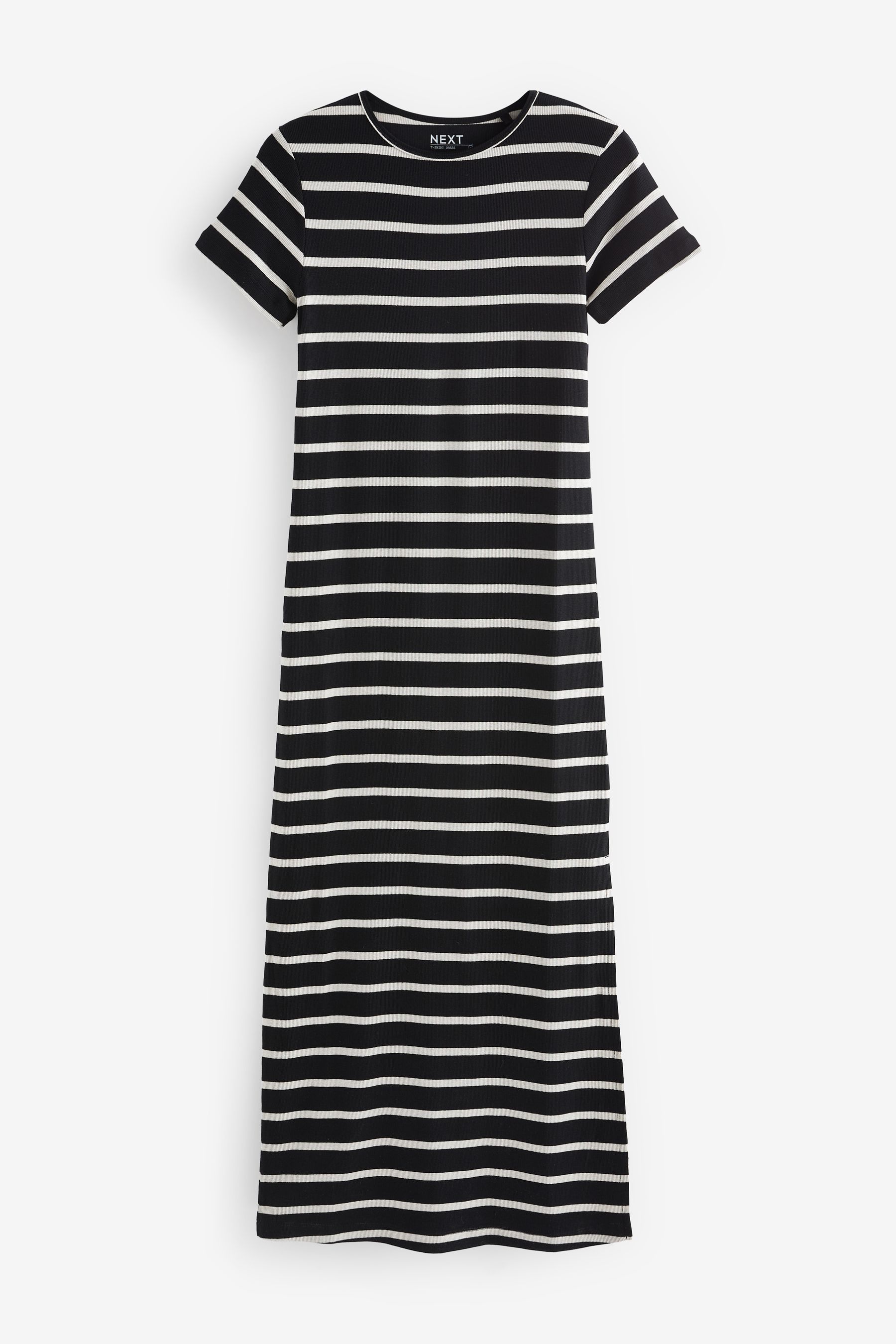 Black White Ribbed T Shirt Style Column Maxi Dress With Slit Detail