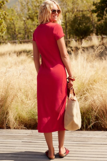 Red Ribbed T-Shirt Style Column Maxi Dress With Slit Detail