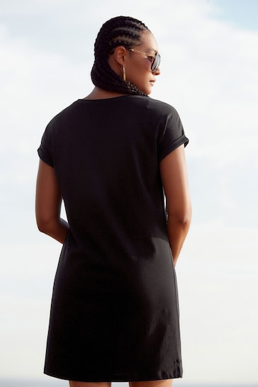 Black 100% Cotton Relaxed V-Neck Capped Sleeve Tunic Dress