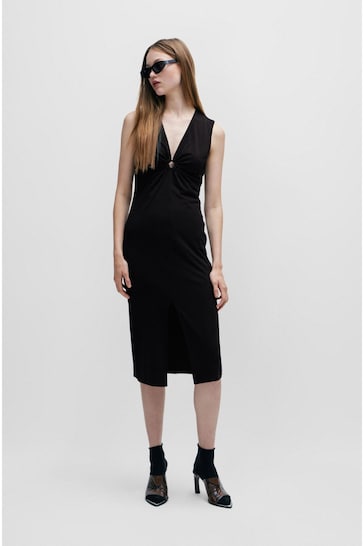 HUGO Sleeveless Black Midi Dress With Cut-Outs and Ring Detail
