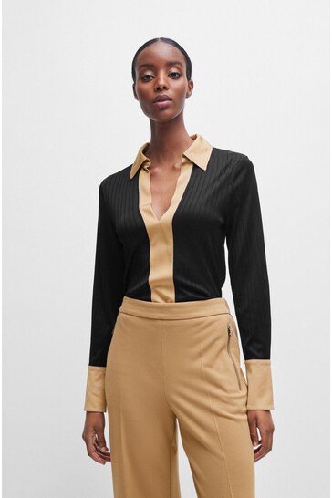 BOSS Black Ribbed Long-sleeved Blouse With Johnny Collar