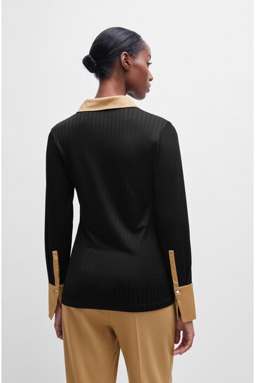 BOSS Black Ribbed Long-sleeved Blouse With Johnny Collar