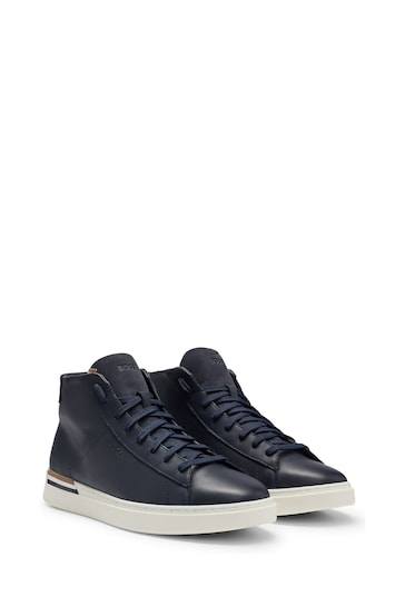 BOSS Blue High Top Signature Stripe Leather Trainers