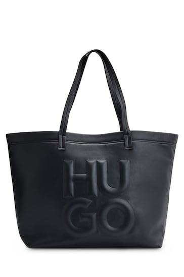 HUGO Stacked Deboss Logo Shopper Black Tote Bag