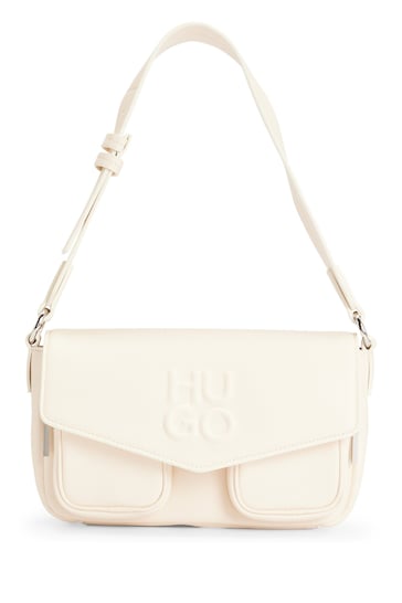 HUGO Faux Leather White Shoulder Bag with Debossed Stacked Logo