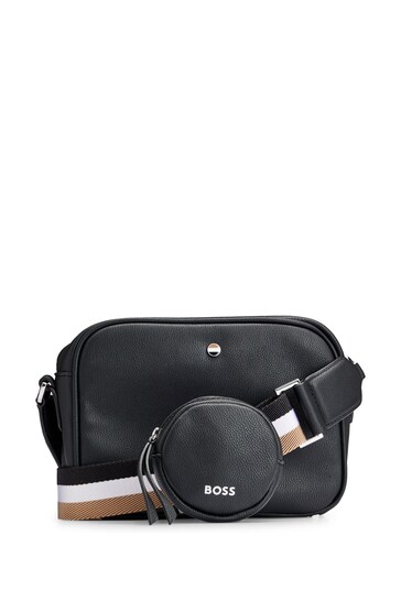 BOSS Black Grained Faux Leather Crossbody Bag With Outline Logo