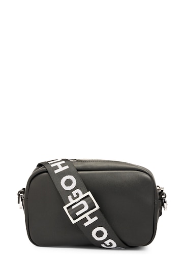 HUGO Faux-Leather Cross-Body Black Bag with Debossed Stacked Logo