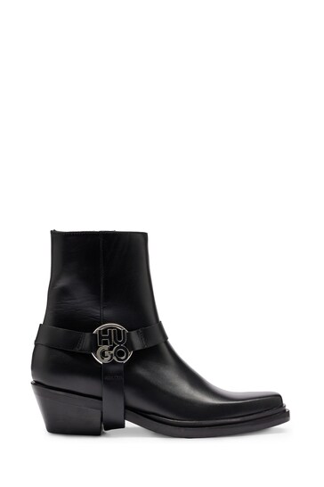 HUGO Ankle Black Boots In Leather With Metallic Stacked Logo Trim