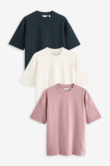 Navy Blue/Pink/Ecru Relaxed Fit Heavyweight T-Shirts 3 Pack