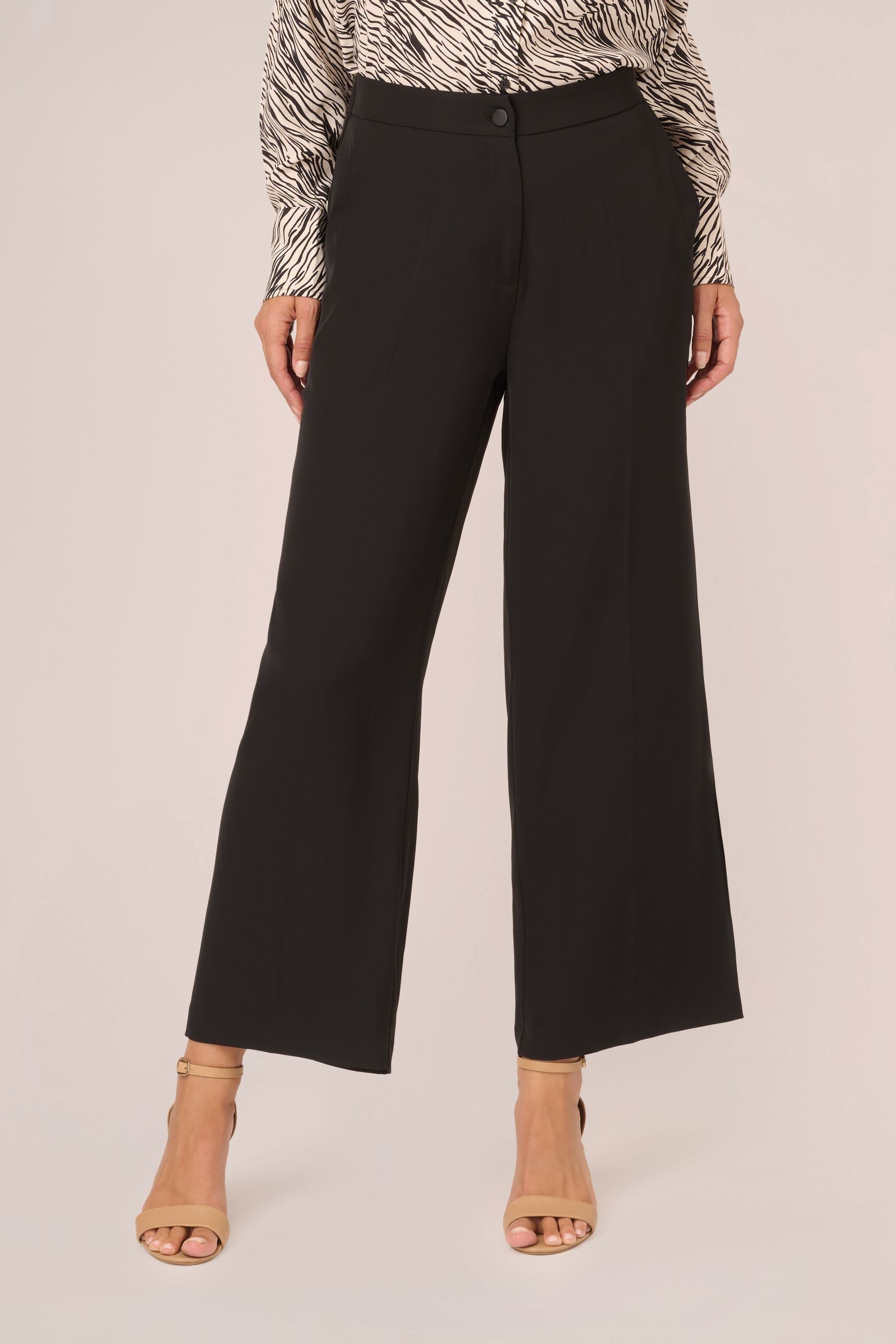 Adrianna Papell Solid Wide Leg Ankle Elastic Back Black Trousers