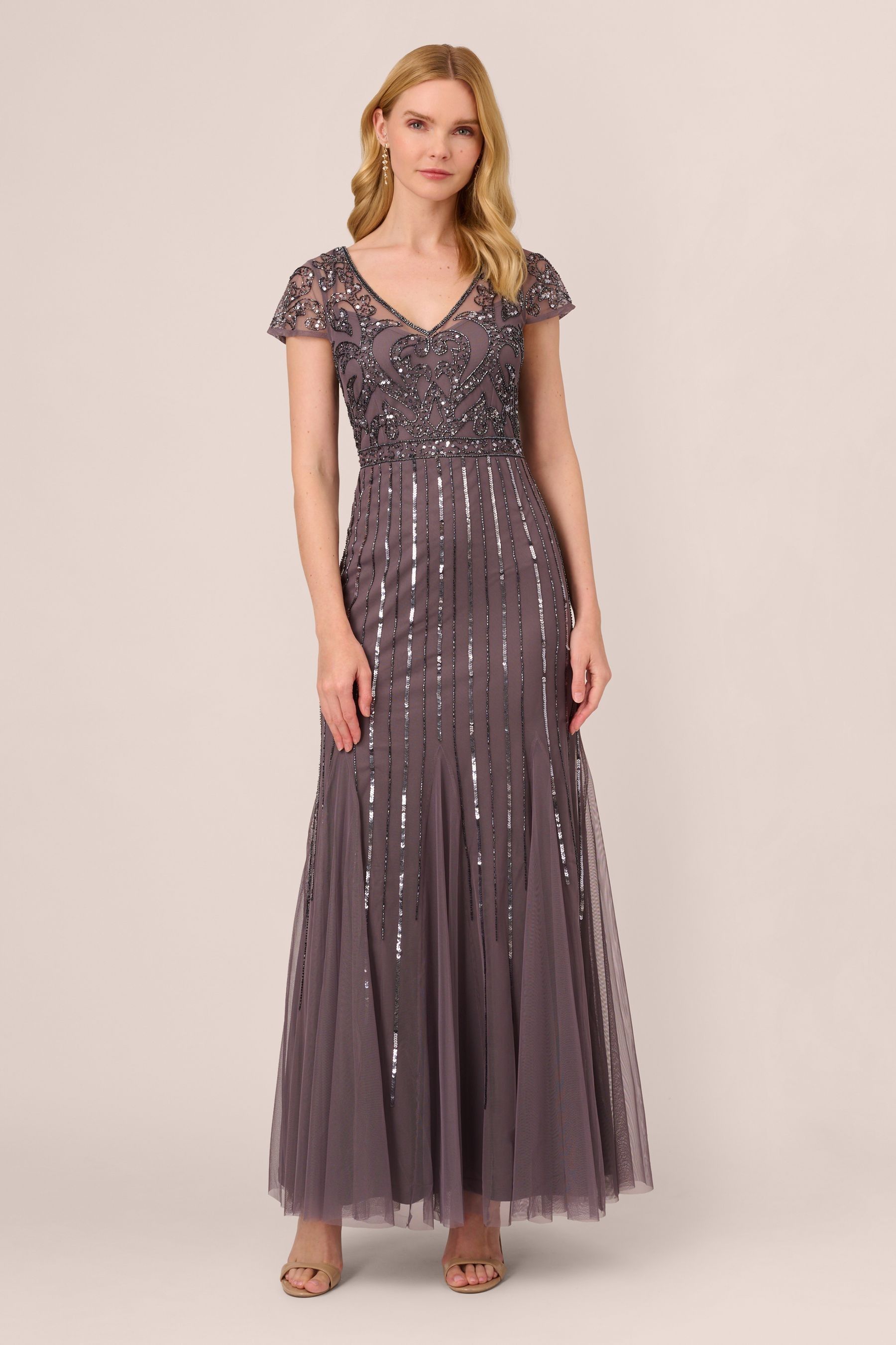Adrianna Papell Purple Studio Beaded Long Dress