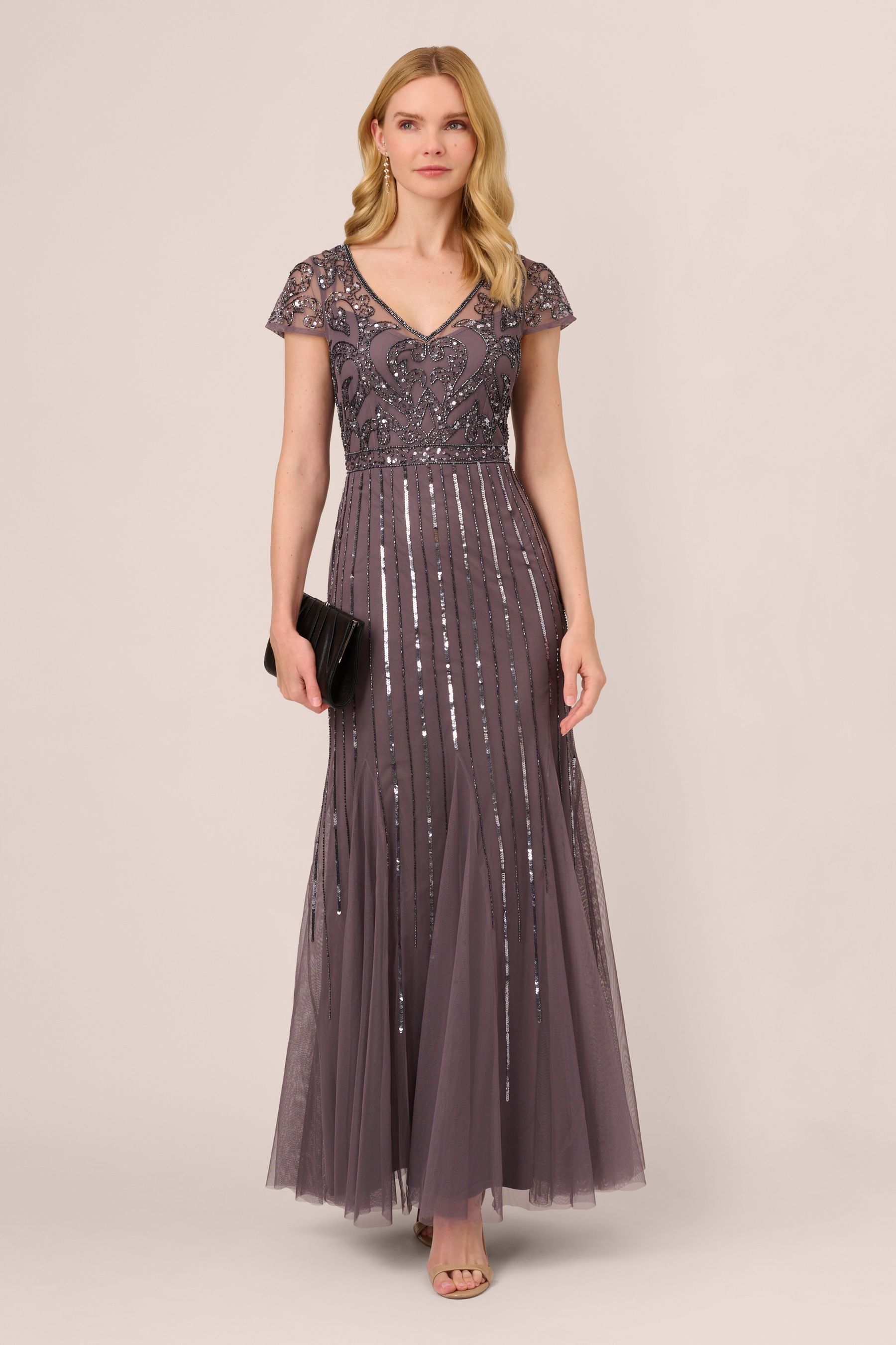 Adrianna Papell Purple Studio Beaded Long Dress