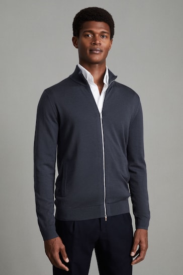 Reiss Blue Smoke Hampshire Merino Wool Funnel-Neck Cardigan