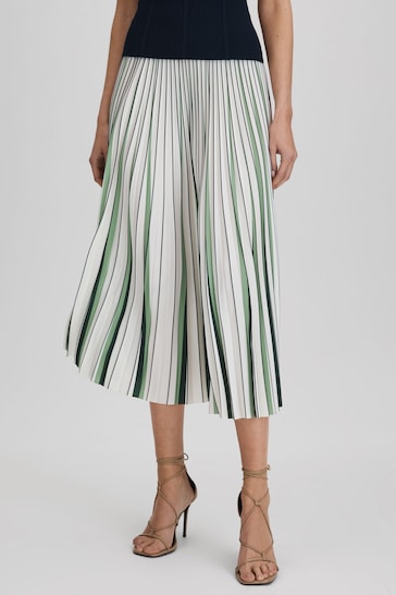 Reiss Green/Cream Saige Pleated Striped Midi Skirt