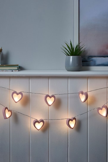 glow Pink Love Heart Wood String Lights