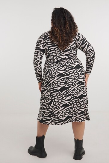 Simply Be Animal Long Sleeve Pocket Black Midi Dress