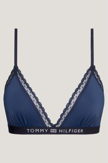 Tommy Hilfiger Blue Tonal Logo Lace Unlined Triangle Bralette