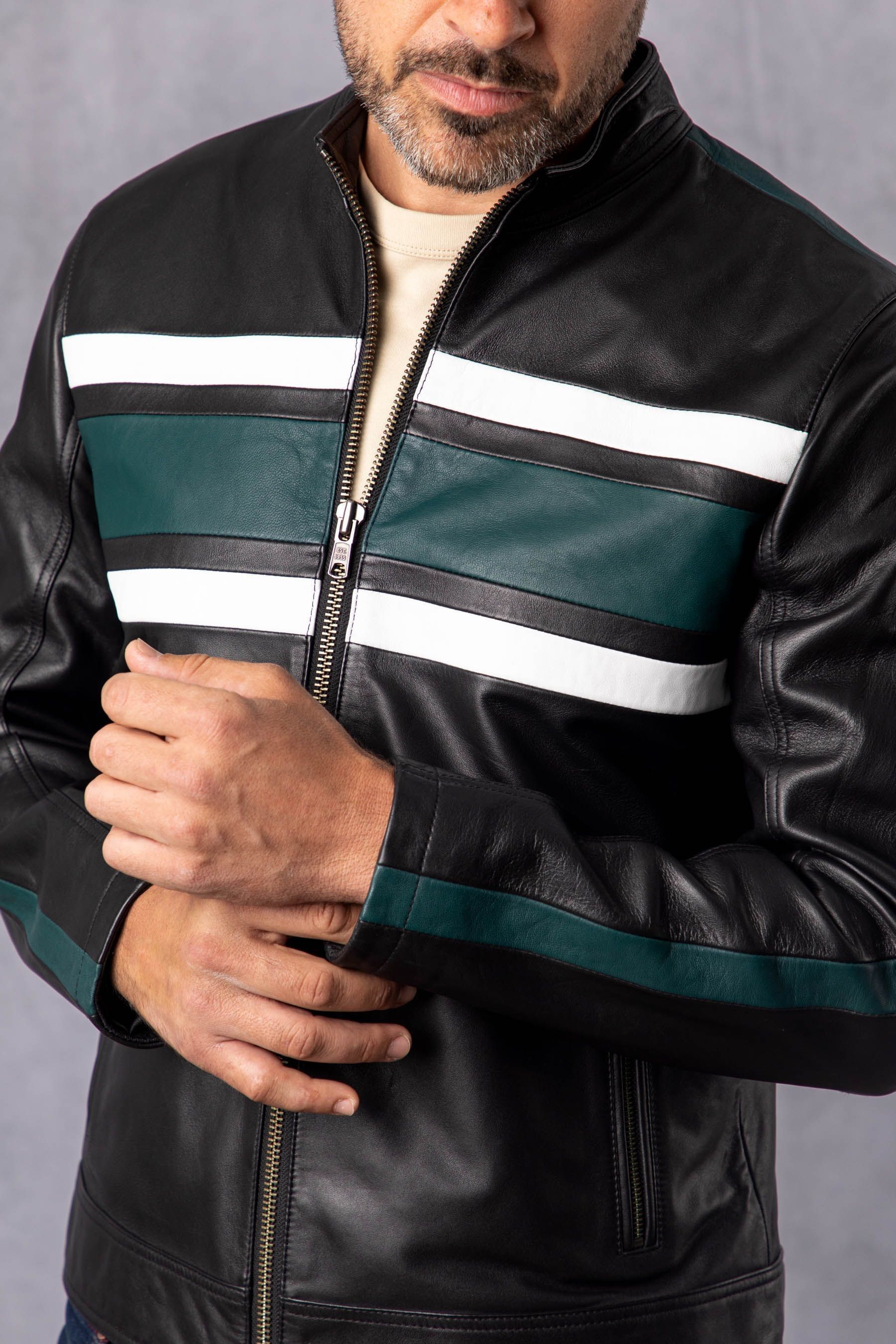 Stripe hot sale leather jacket