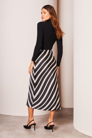 Lipsy Black White Stripe Satin Bias Cut Midi Skirt