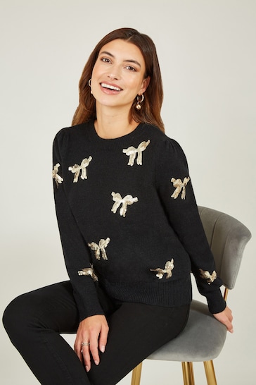 Yumi Black Sequin All Over Applique Bow Knitted Jumper