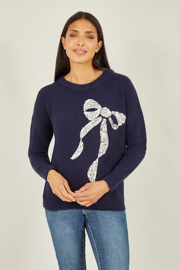 Yumi Blue Sequin Bow Knitted Jumper
