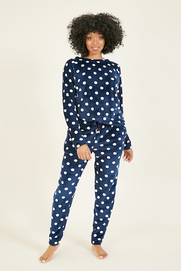 Yumi Blue Spot Super Soft Fleece Pyjamas