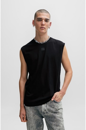 HUGO Sleeveless Black T-Shirt in Cotton Jersey With Logo Detail