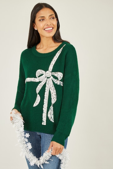 Yumi Green Sequin Bow Knitted Jumper