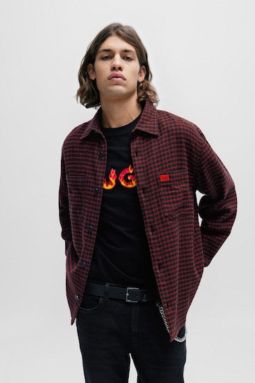 HUGO Oversized Fit Pink Shirt in Checked Cotton Flannel