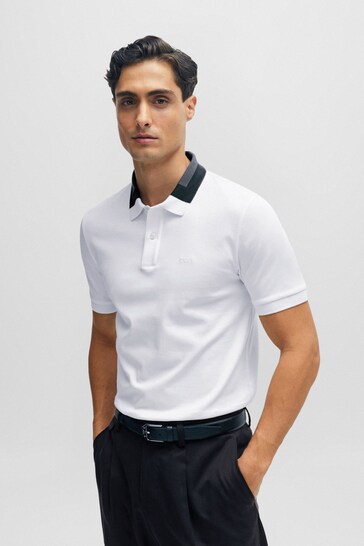 BOSS White Colourblock Collar Slim Fit Polo Shirt