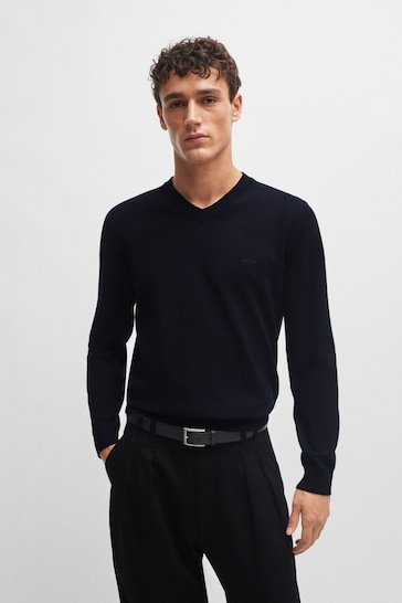 BOSS Blue V-Neck Sweater in Cotton With Embroidered Logo
