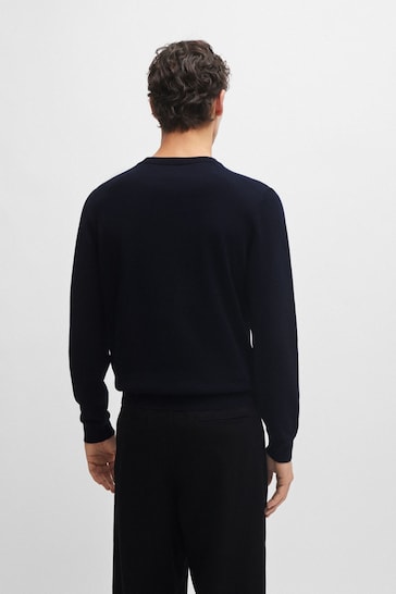 BOSS Blue V-Neck Sweater in Cotton With Embroidered Logo