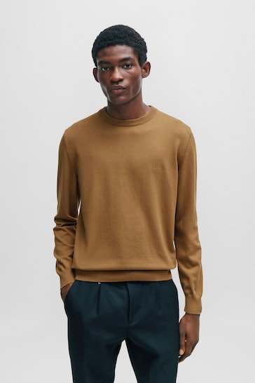 BOSS Brown Crew Neck Embroidered Logo Cotton Jumper