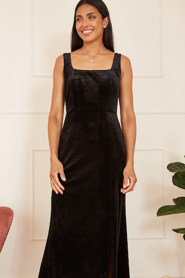 Mela Black Velvet Fitted Midi Dress